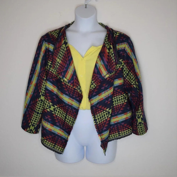 Boho Sz XL Handmade Artsy Aztec Southwestern 3/4 Sleeve Relaxed Fit Open Jacket - Picture 1 of 12